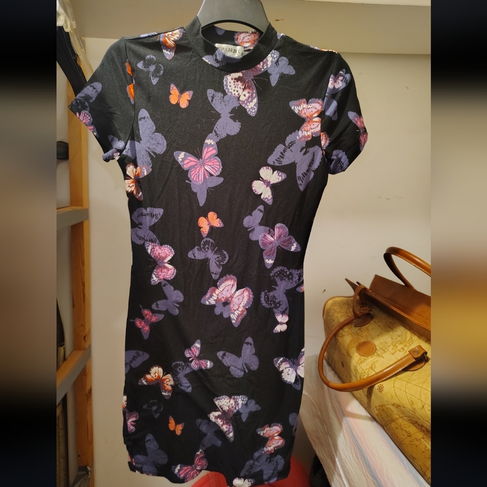 Butterfly Print Mini Dress - Black and Purple
